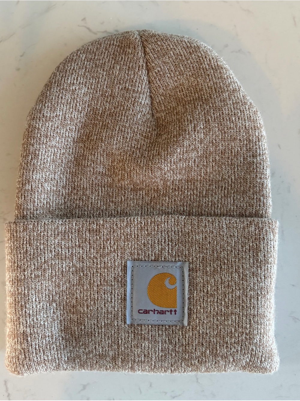 Carhartt Heathered Tan Beanie with Yellow Logo